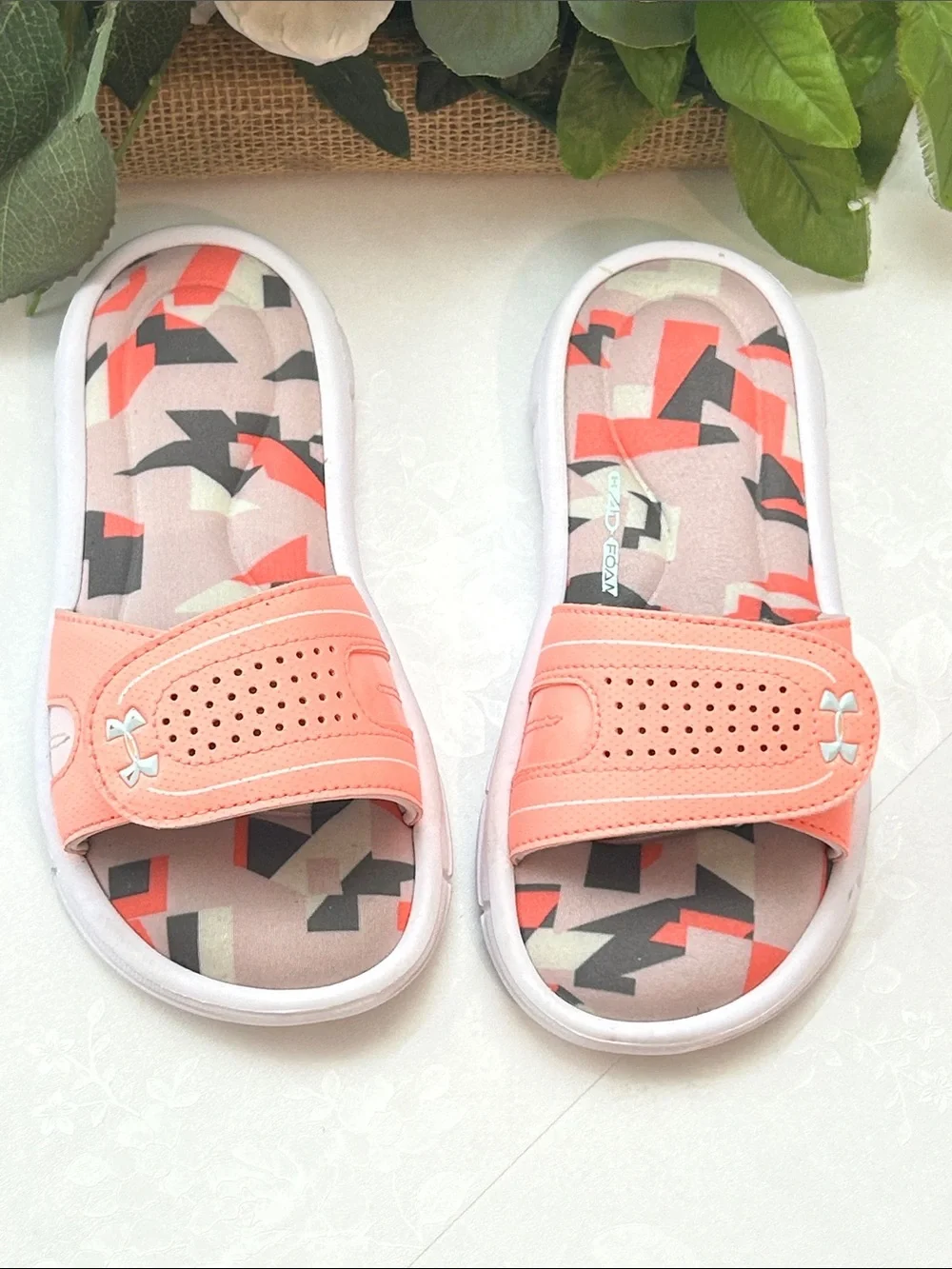 Under Armour Peach Slide Sandals with Geometric Footbed